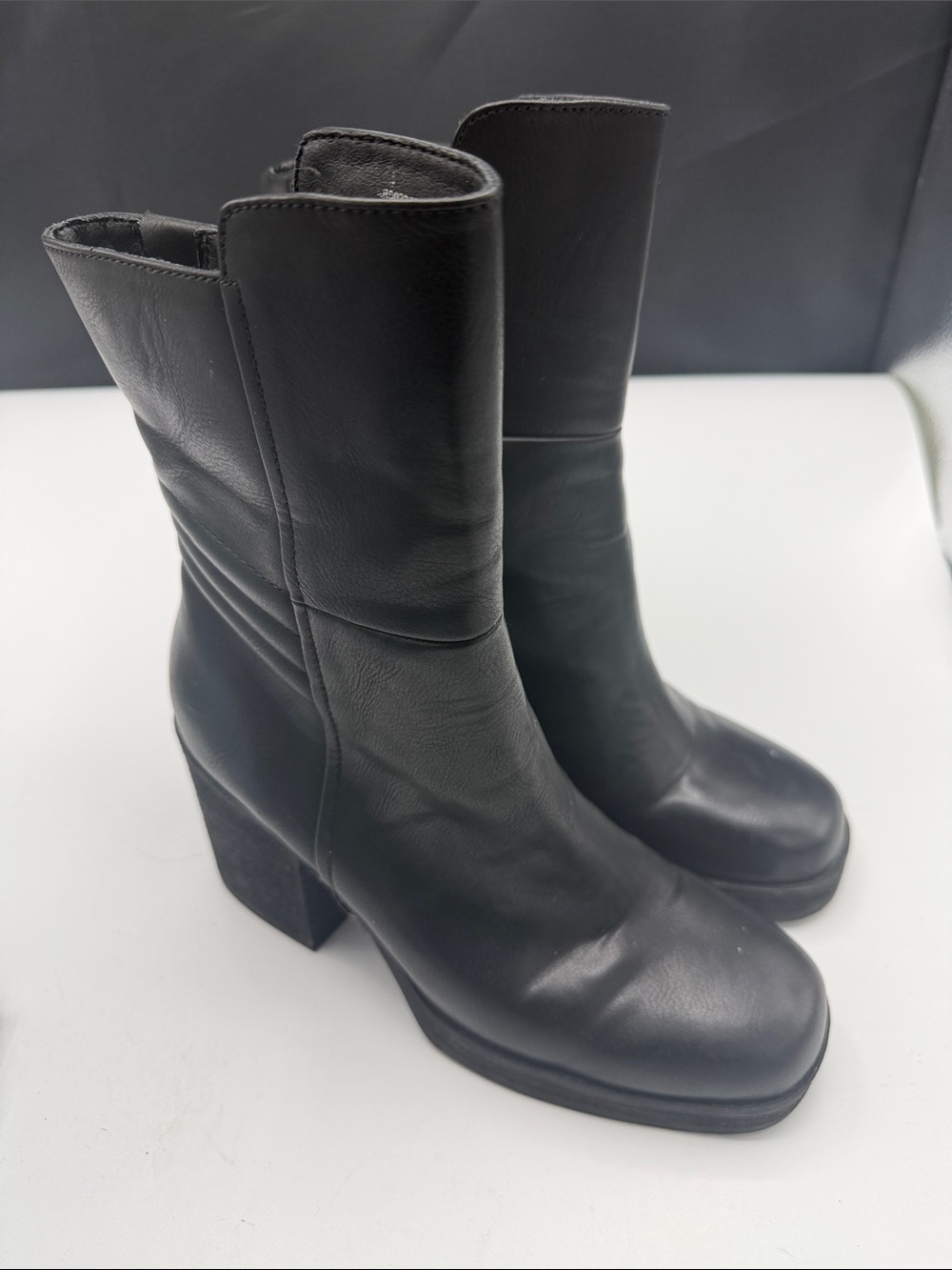 Kork-Ease Black Leather Mid-Calf Block Heel Boots